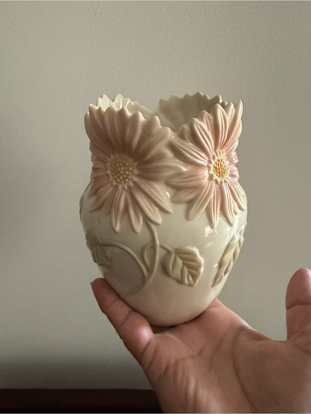 Lenox Cream Ceramic Vase with Pink Daisy Relief